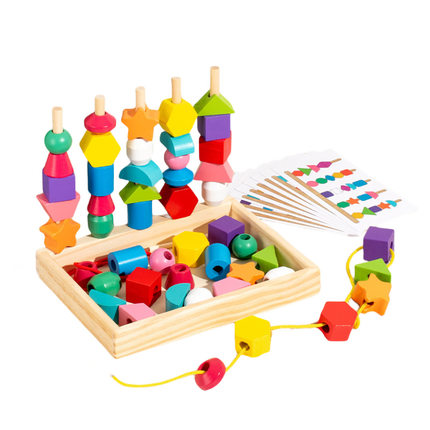 木制几何五套柱积木串珠盒颜色认知感官启蒙幼儿形状感知积木玩具
