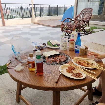 户外实木围炉冰茶桌子商用一体电磁炉榆木韩式复古圆形烤肉火锅桌