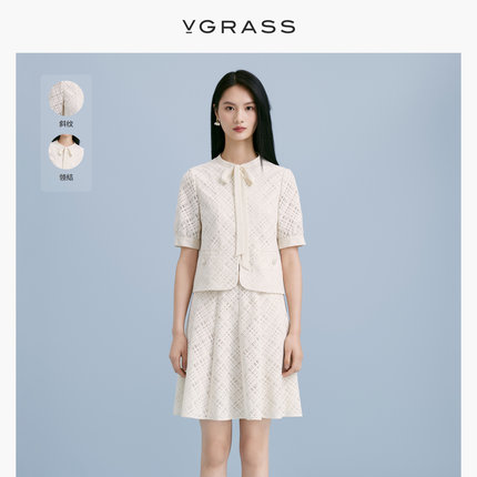 VGRASS蝴蝶结领新中式上衣夏季新款短袖白衬衫女VSX1O24120