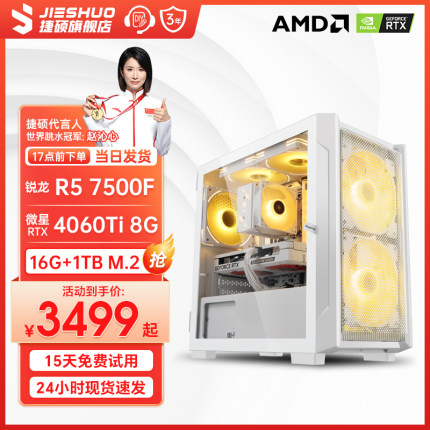 捷硕AMD 锐龙R5 7500F/RTX4060Ti/DDR5高端游戏吃鸡办公家用台式机电脑主机 套一R5-7500F丨512G丨5500XT独显