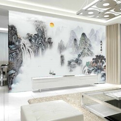 新中式水墨画客厅电视背景墙壁纸壁画客厅3D无缝墙布5D影视墙装饰