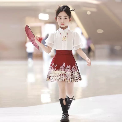 女童中国风短款马面裙2024夏季新款女孩汉服中大童短袖半身裙套装