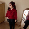 女童新年红色毛衣童装秋冬新款公主风洋气超甜娃娃领针织衫上衣