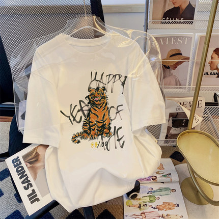 白色印花老虎动物短袖T恤女2024夏季小众设计宽松百搭圆领袖上衣