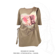 大码胖mm韩版设计感猫咪印花短袖T恤女夏季新款宽松显瘦心机上衣