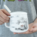 陶源个性陶瓷马克杯带盖勺水杯时尚咖啡杯子水墨画茶杯中式男女