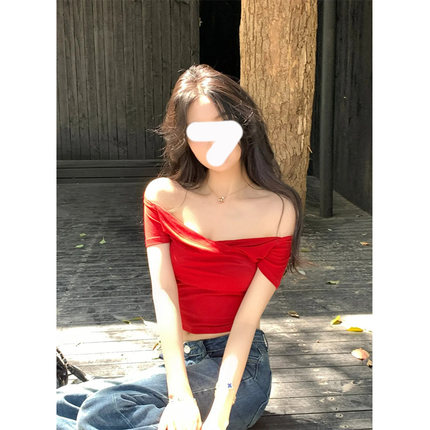 红色v领交叉辣妹短袖T恤女夏季新款收腰紧身气质短款小众性感上衣