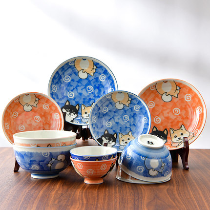 吾山窑美浓烧日本进口餐具日式卡通柴犬儿童陶瓷饭碗家用盘碟子