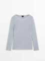 Massimo Dutti2024女装休闲慵懒风蓝色舒适轻薄低圆领毛衣针织T恤