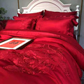 。新中式婚庆刺绣蕾丝100S纯棉结婚大红四六十件套喜被床上用品四
