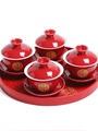 新人改口敬茶杯四个装红色茶具婚庆套装两对敬茶碗喜事敬茶壶陪嫁