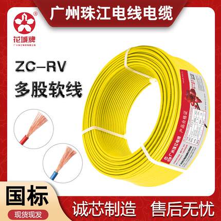 广州珠江电线电缆RV单芯电源1/4/6平方双色多股铜芯软线国标100米