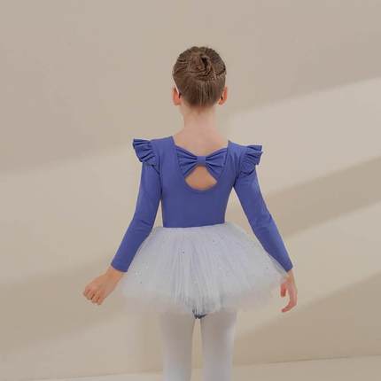儿童舞蹈服秋季长袖蓝色纯棉女童练功服分体套装幼儿芭蕾舞亮片裙
