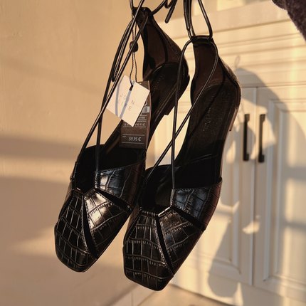 Massinno dutti女鞋夏季新款真皮镂空系带浅口平底鞋方头包跟凉鞋