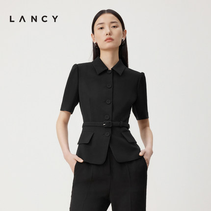 LANCY/朗姿2024夏季新款三醋酸短袖翻领西装外套职业系带西服女