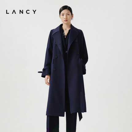 LANCY/朗姿2024春季新款藏蓝色收腰长款薄风衣外套双排扣英伦风女