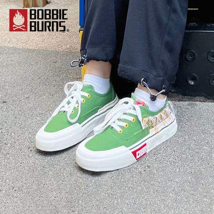 BobbieBurns波比波恩春季芥末绿帆布鞋女低帮耐磨板鞋软底透气男