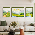 客厅装饰画沙发背景墙挂画山水画奶油风日照金山三联画风景油画