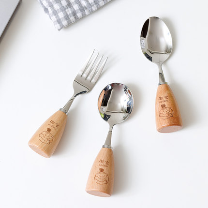 小勺子饭勺可立便携餐具儿童不锈钢木柄可爱宝宝食品级辅食水果叉