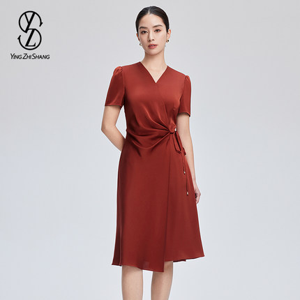 赢智尚2024夏新款安可拉红女围裹式连衣裙设计感复古优雅显瘦裙子