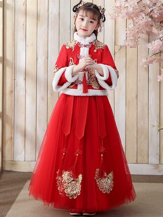 龙年女童汉服新年过年拜年衣服秋冬季中国风红色连衣裙子冬装2024