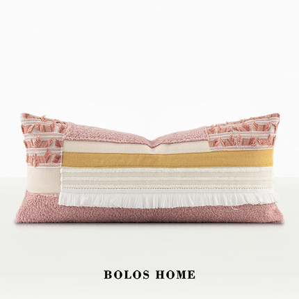 柏洛斯Sweet粉色棉麻毛绒拼接轻奢儿童公主样板房沙发腰枕背靠垫