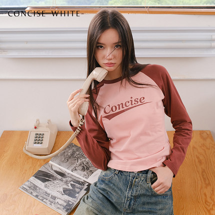 CONCISE-WHITE简白 字母LOGO拼色插肩长袖圆领T恤2023早秋新品