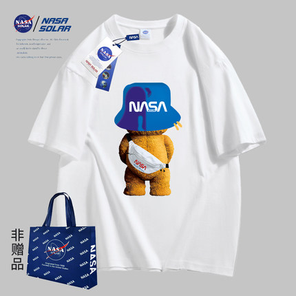 NASA SOLAR联名2023新款夏款小熊印花简约纯棉男女同款短袖T恤TBB