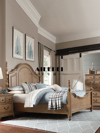 美式复古全实木柱子床主卧大床1.5 1.8米双人床婚床法式别墅家具