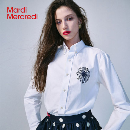 MardiMercredi小雏菊刺绣立领衬衫白色长袖全棉上衣女通勤OL气质