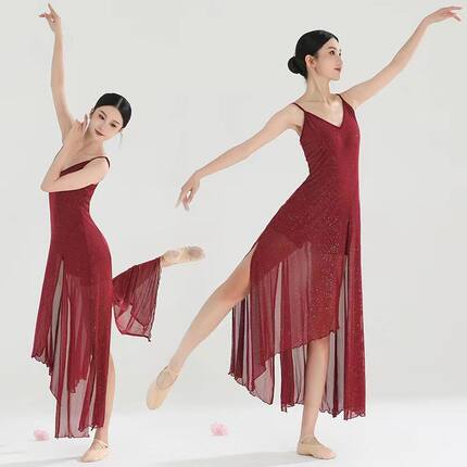 现代芭蕾古典舞长纱裙舞者练功服酒红色闪光不规则吊带弹力连衣裙