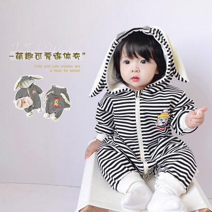ins21冬季韩版婴儿可爱卡通加绒条纹连帽连体衣宝宝保暖外出爬服