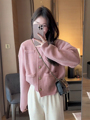 粉色短款针织开衫女2023秋冬季新款温柔风韩系设计感加厚毛衣外套