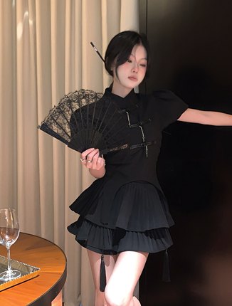 新中式女装连衣裙国风夏季新款赫本小黑裙小个子辣妹旗袍短裙套装