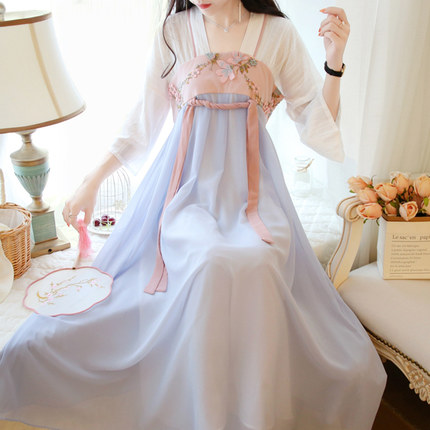汉服平时可穿中国风秋夏季仙气女装现代改良版刺绣古装日常连衣裙