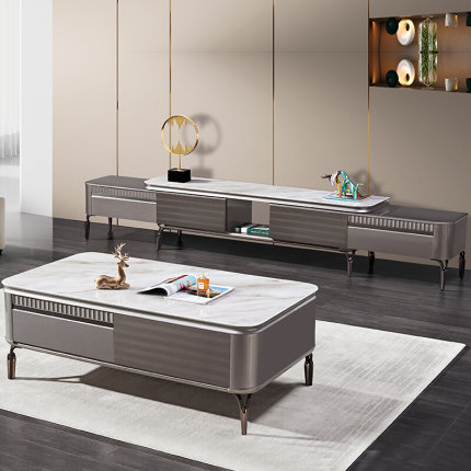 意氏轻奢钢化玻璃茶几电视柜组合简约现代灰色1.4米客厅家用桌台