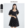 gcrues法式黑色碎花连衣裙女装收腰2024年夏季新款小个子时尚裙子