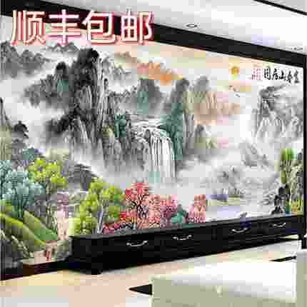 8d电视背景墙壁画3d山水画壁布立体沙发大气 装饰画客厅壁纸墙布