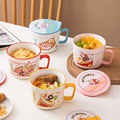 日式卡通陶瓷早餐碗带盖牛奶燕麦杯泡面杯大容量微波炉可用易清洗