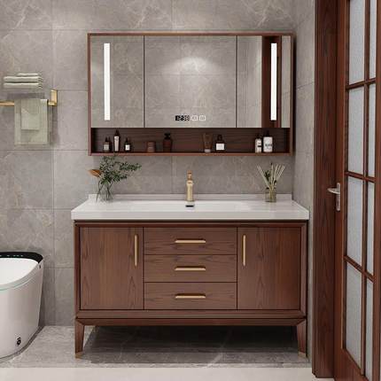 新中式红橡木一体陶瓷盆落地式浴室柜智能镜柜组合洗漱池台盆柜