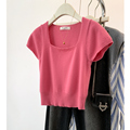 粉色方领针织短袖t恤衫女夏季夏2024新款设计感薄款正肩短款上衣