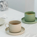 磨砂面咖啡杯 家用茶杯带碟 竖条纹水杯 早餐牛奶杯 大口拉花杯