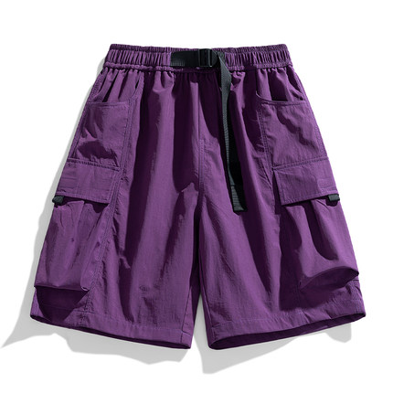 自带腰带美式机能风工装光紫色5分短裤男夏速干多巴胺休闲五分裤