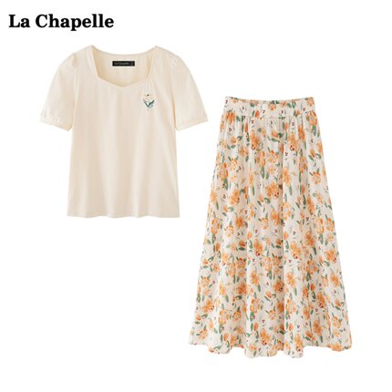 拉夏贝尔/La Chapelle夏季新款方领T恤碎花半身裙两件套套装女
