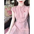 新中式高级感粉色盘扣连衣裙女夏季小个子高端改良民国风旗袍长裙