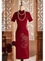 红色旗袍新款春夏季喜婆婆婚宴复古优雅裙装年轻妈妈礼服平时可穿