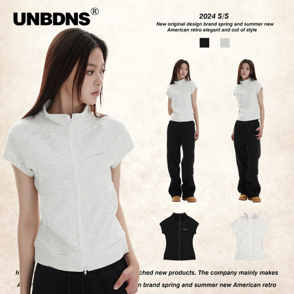 UNBDNS 美式运动休闲拉链修身短袖T恤女夏季新款正肩辣妹打底上衣