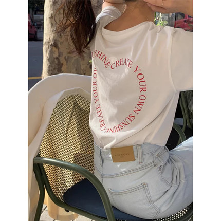 韩国chic夏季气质百搭圆领后背字母印花设计宽松休闲短袖T恤上衣