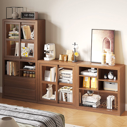 实木书柜组合美式带玻璃推拉门收纳架橡木背景墙一体整墙书房整面