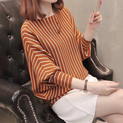 秋冬季新款韩版蝙蝠袖针织衫2020薄款条纹女宽松学生外穿打底毛衣